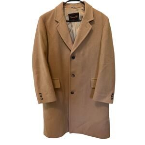 Botany 500 Men's Camel Tan Wool Long Trench Coat Overcoat Size 42 Vintage